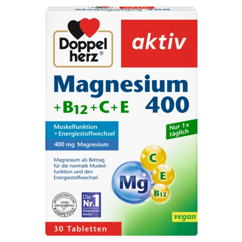 Abbildung der Produktverpackung Doppelherz aktiv Magnesium 400 + B12 + C + E Frontansicht